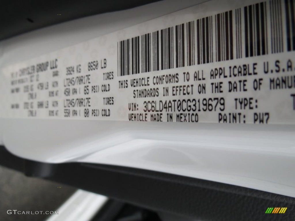 2012 Ram 2500 HD Color Code PW7 for Bright White Photo #78671053