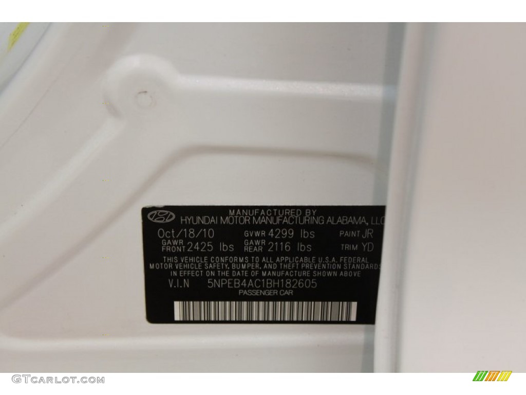 2011 Sonata Color Code JR for Pearl White Photo #78693688