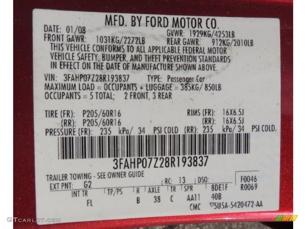 2008 Fusion Color Code G2 for Redfire Metallic Photo #78722149