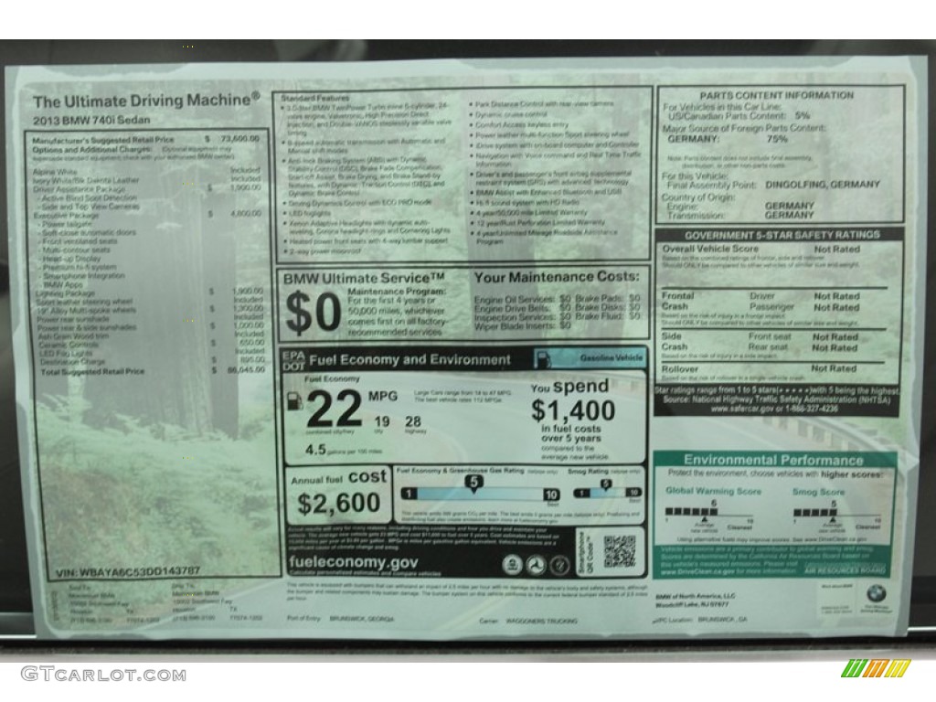 2013 BMW 7 Series 740i Sedan Window Sticker Photo #78738407