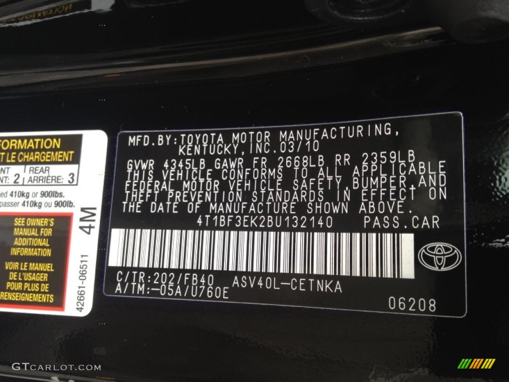 2011 Camry Color Code 202 for Black Photo #78738608