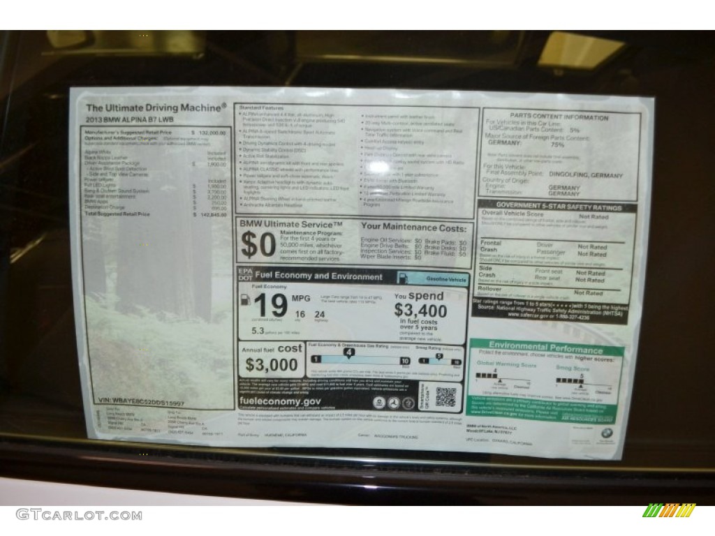 2013 BMW 7 Series Alpina B7 LWB Window Sticker Photo #78739088
