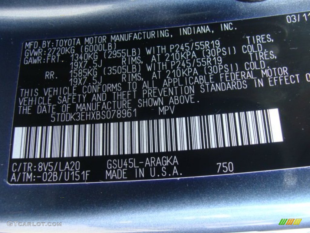 2011 Toyota Highlander Limited 4WD Color Code Photos