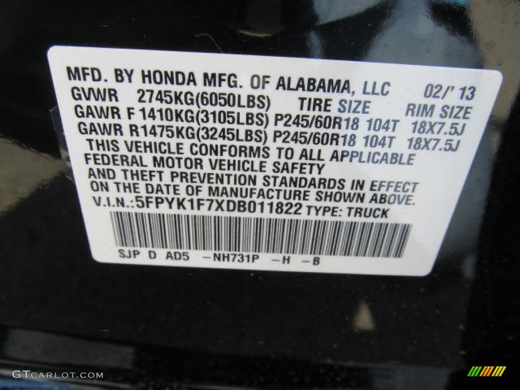 2013 Ridgeline Color Code NH731P for Crystal Black Pearl Photo #78776594