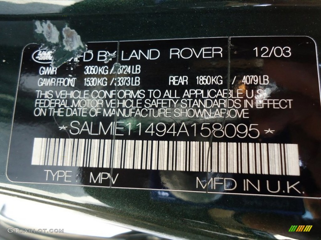 2004 Land Rover Range Rover HSE Info Tag Photo #78789659