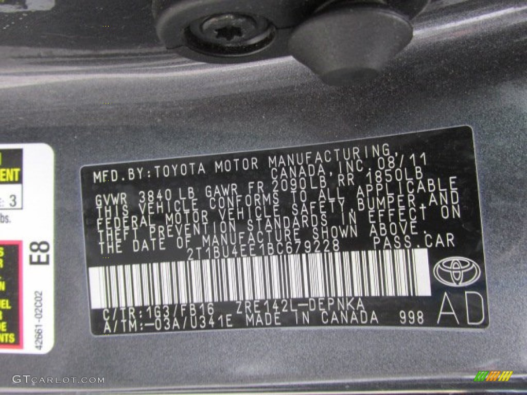 2011 Corolla Color Code 1G3 for Magnetic Gray Metallic Photo #78794960