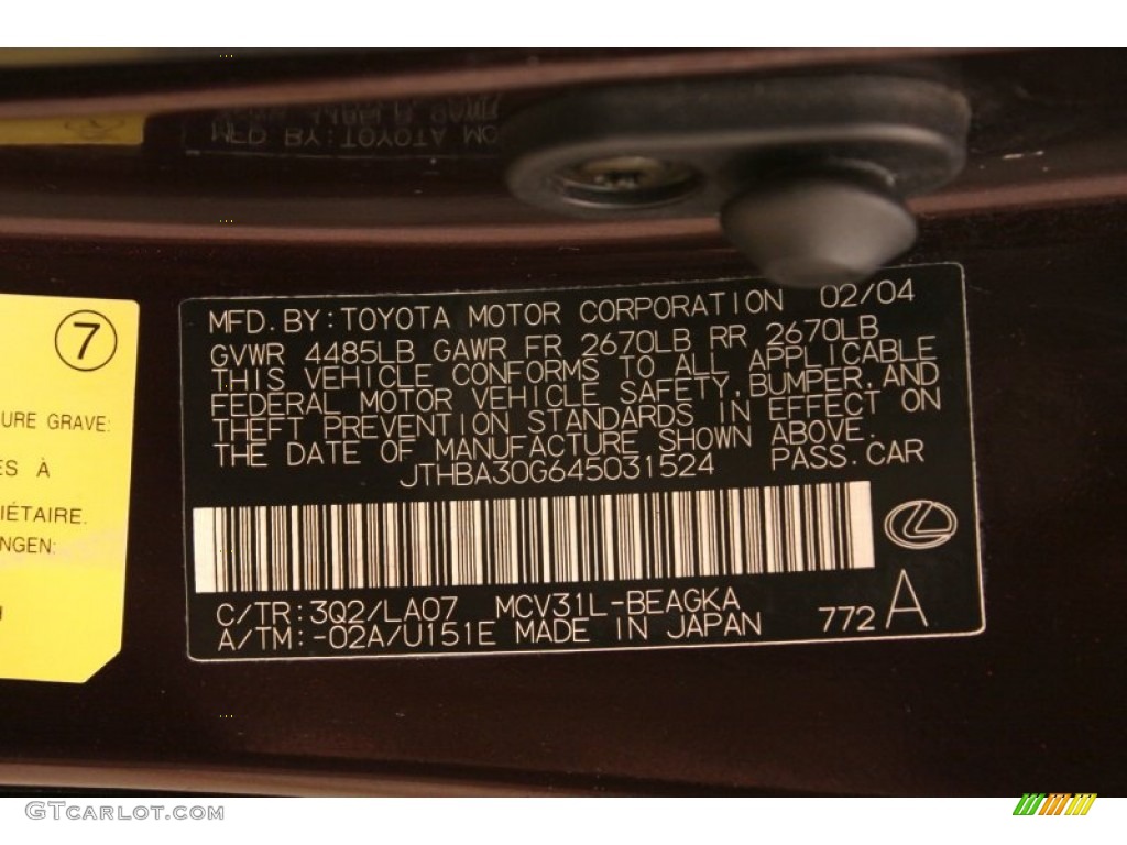 2004 ES Color Code 3Q2 for Black Garnet Pearl Photo #78800687