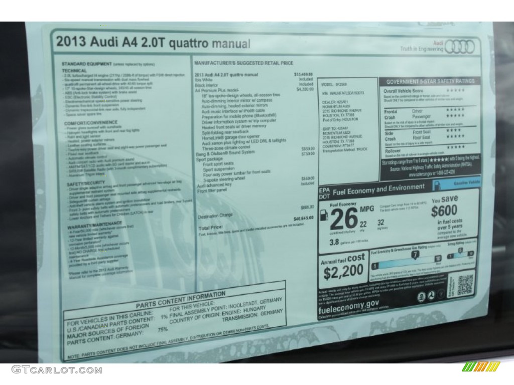 2013 Audi A4 2.0T quattro Sedan Window Sticker Photo #78803288