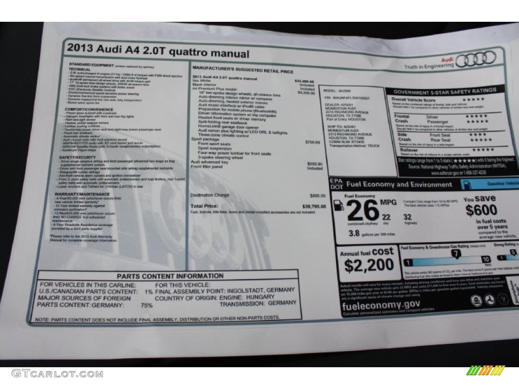 2013 Audi A4 2.0T quattro Sedan Window Sticker Photo #78804658