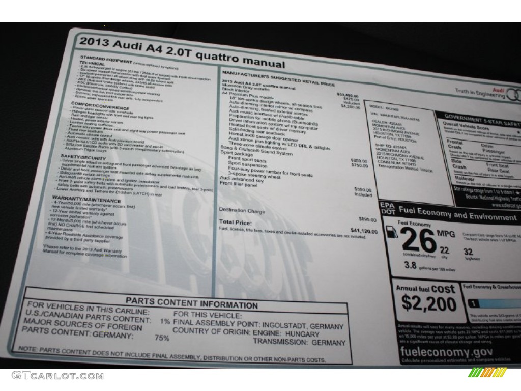 2013 Audi A4 2.0T quattro Sedan Window Sticker Photo #78805418