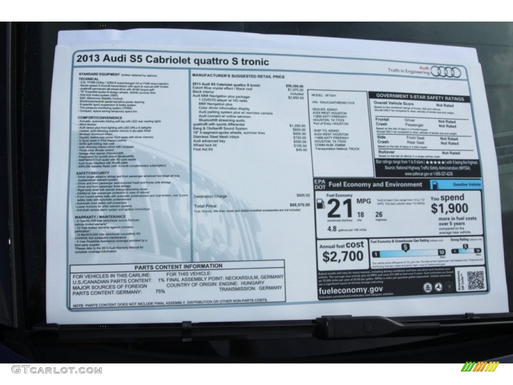2013 Audi S5 3.0 TFSI quattro Convertible Window Sticker Photo #78808881
