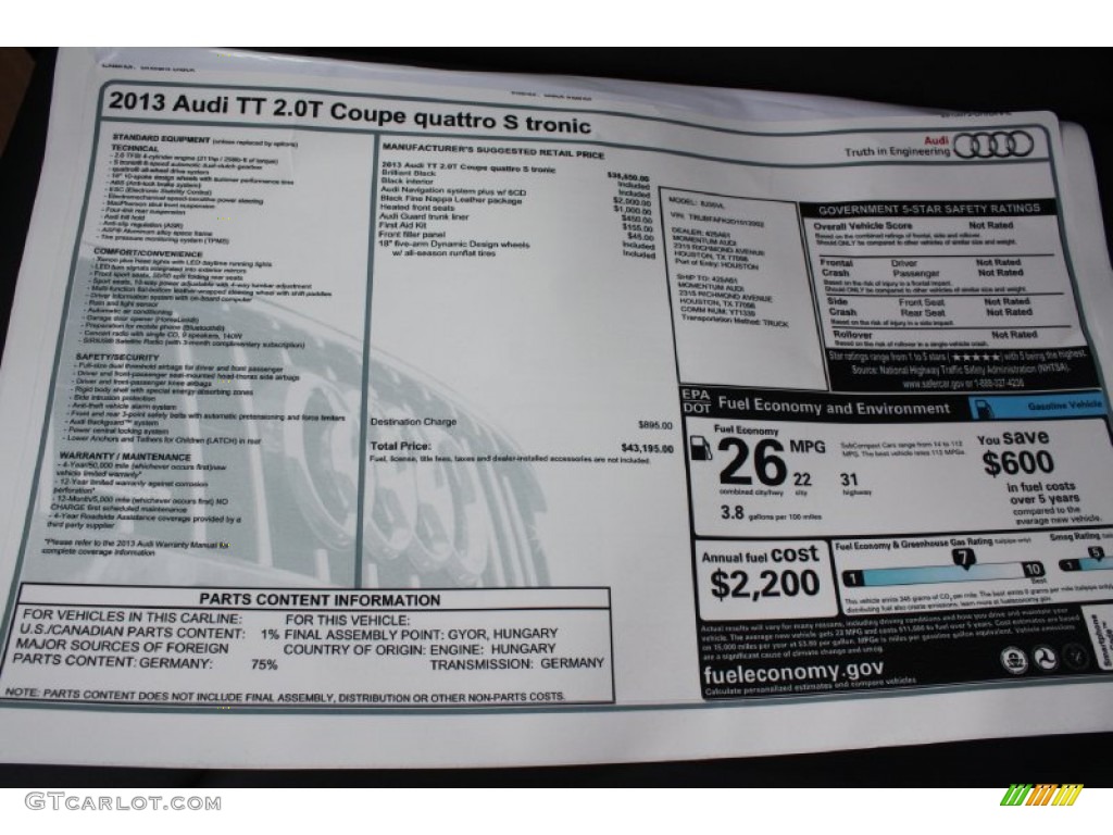 2013 Audi TT 2.0T quattro Coupe Window Sticker Photo #78809021