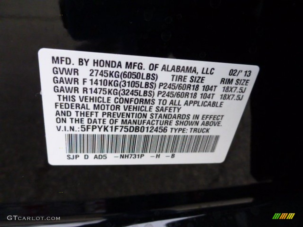 2013 Ridgeline Color Code NH731P for Crystal Black Pearl Photo #78810291