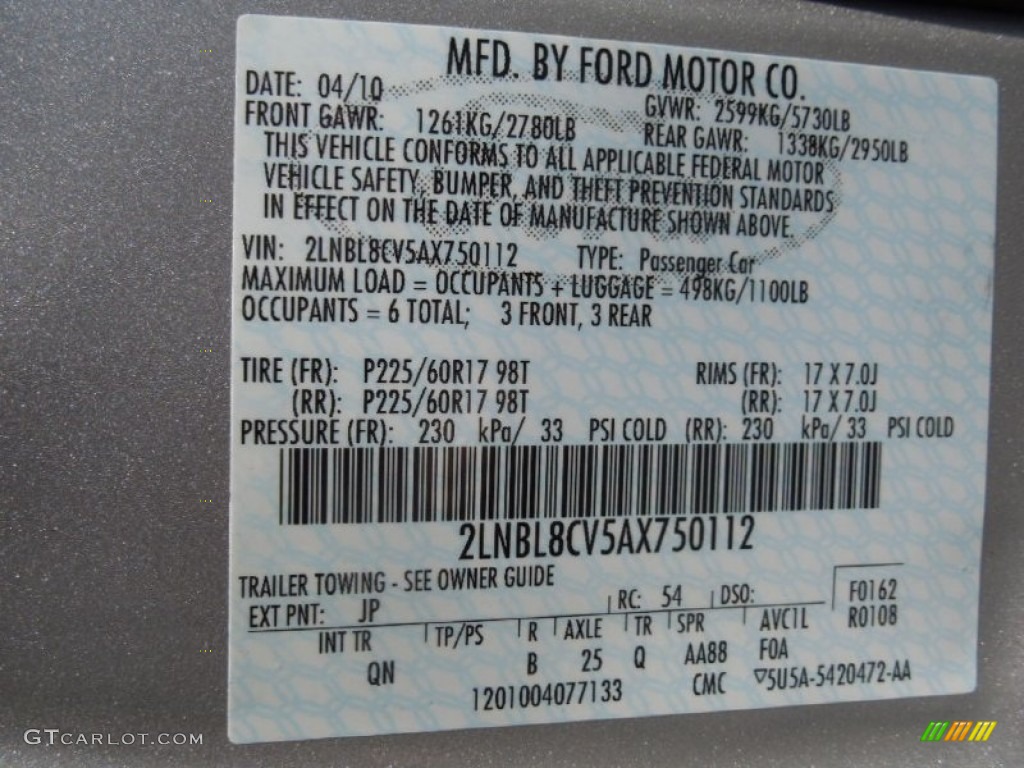 2010 Lincoln Town Car Signature Limited Color Code Photos