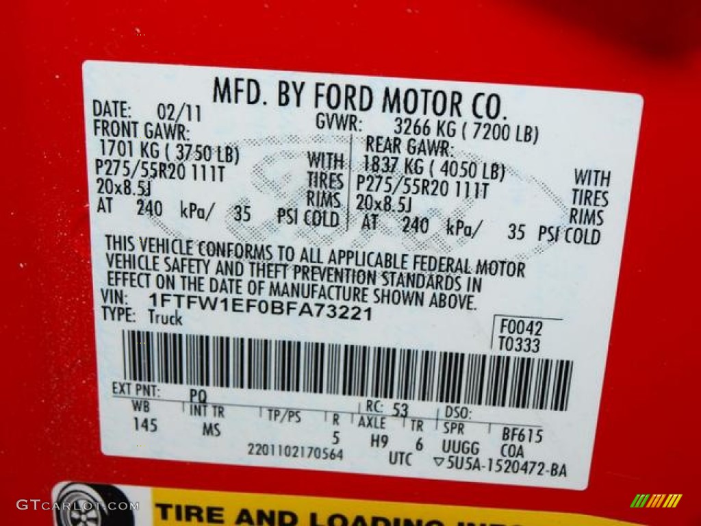 2011 Ford F150 XLT SuperCrew 4x4 Color Code Photos