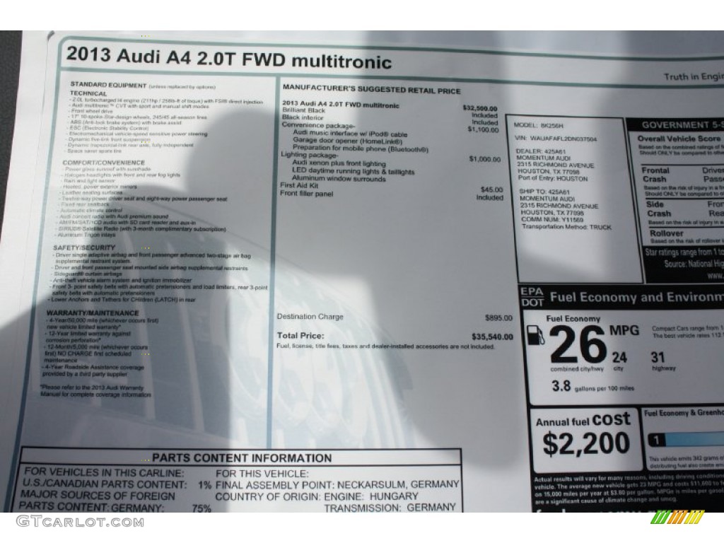 2013 Audi A4 2.0T Sedan Window Sticker Photo #78841748
