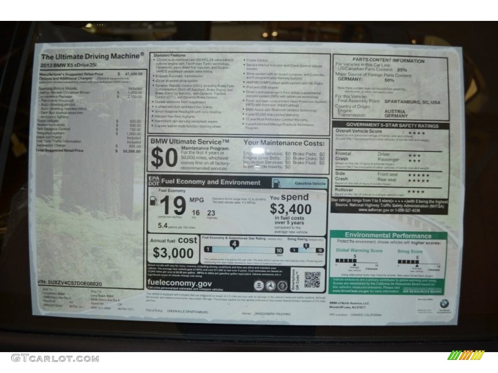 2013 BMW X5 xDrive 35i Window Sticker Photo #78842345