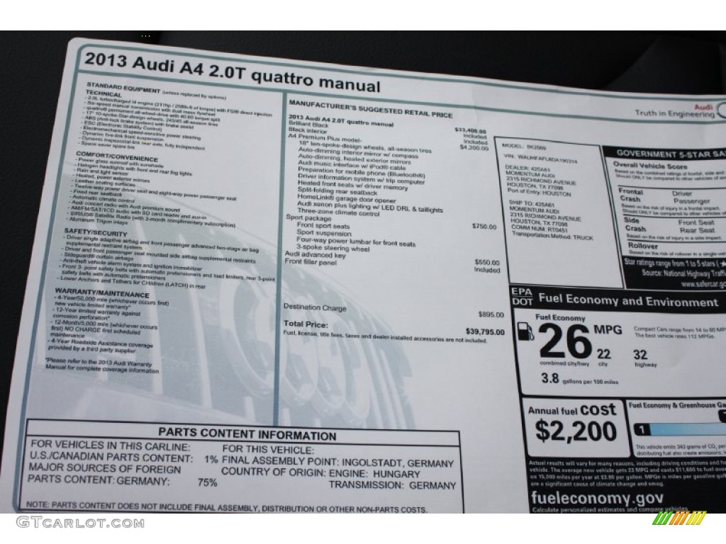 2013 Audi A4 2.0T quattro Sedan Window Sticker Photo #78842624