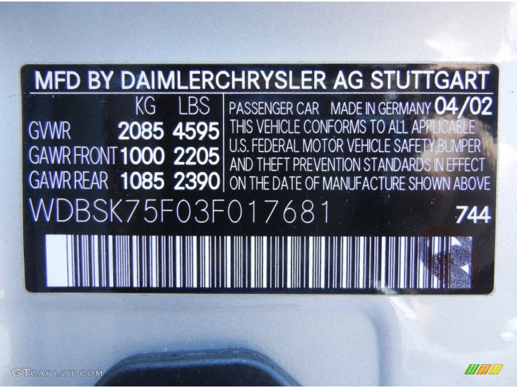 2003 SL Color Code 744 for Brilliant Silver Metallic Photo #78856100