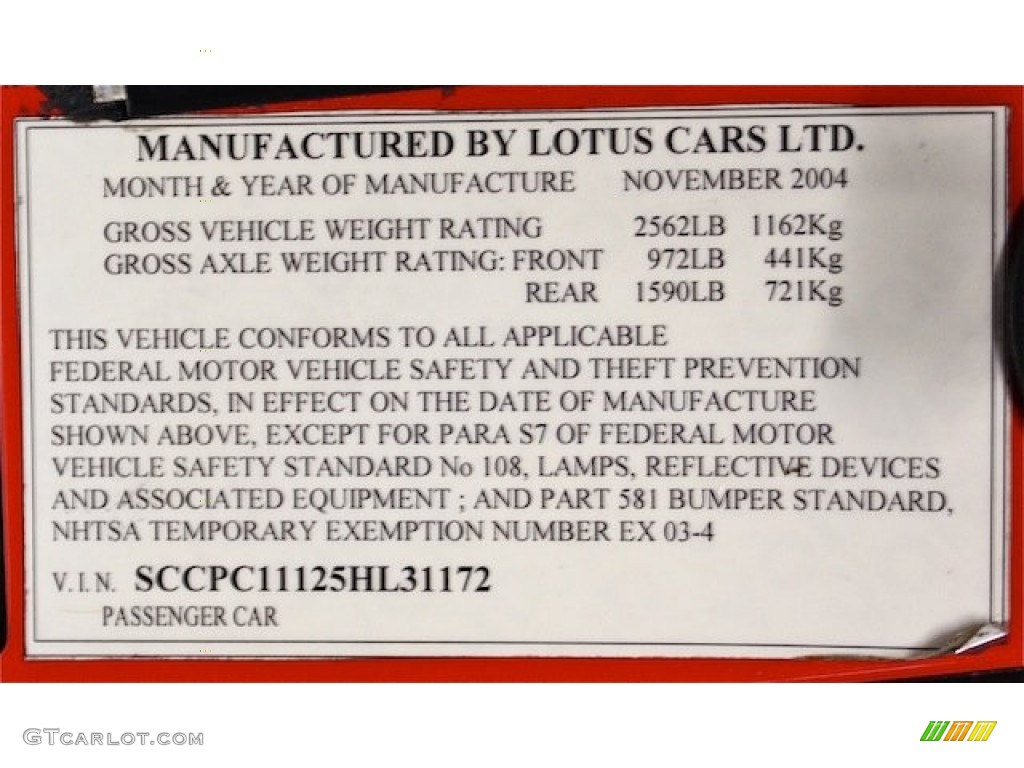 2005 Lotus Elise Standard Elise Model Info Tag Photos