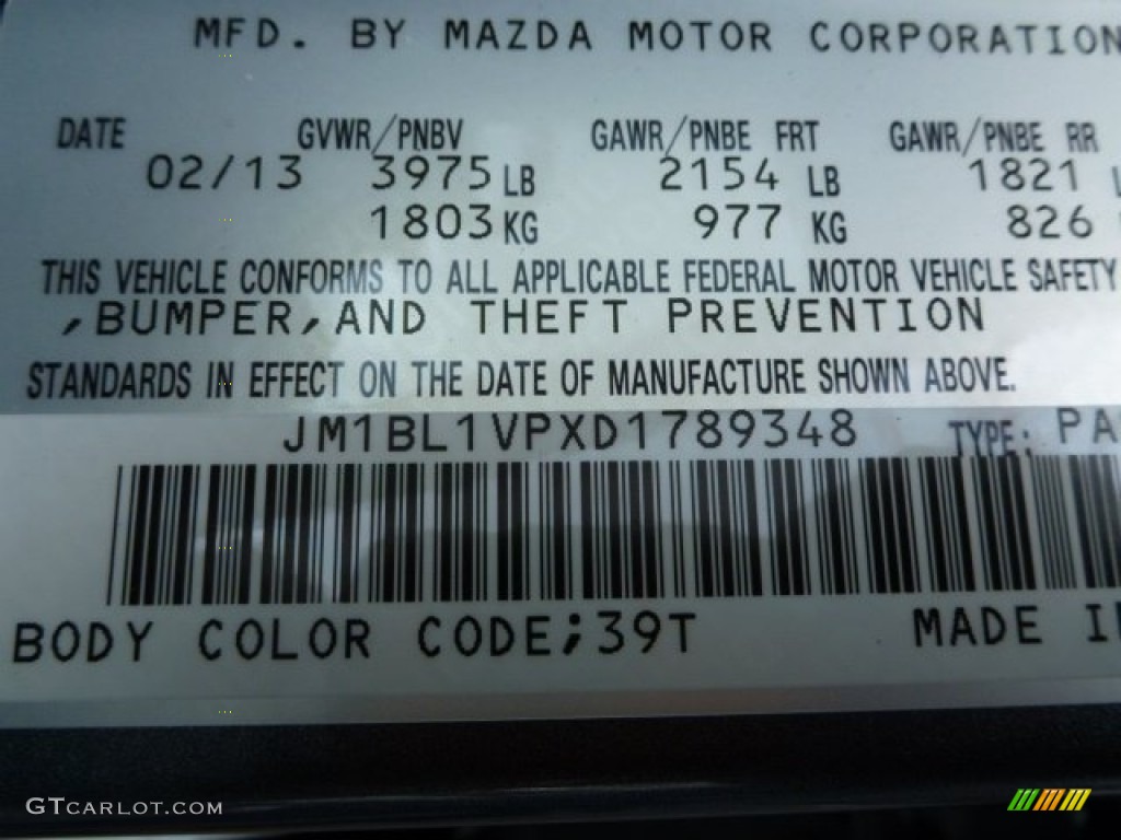 2013 MAZDA3 Color Code 39T for Dolphin Gray Mica Photo #78913576