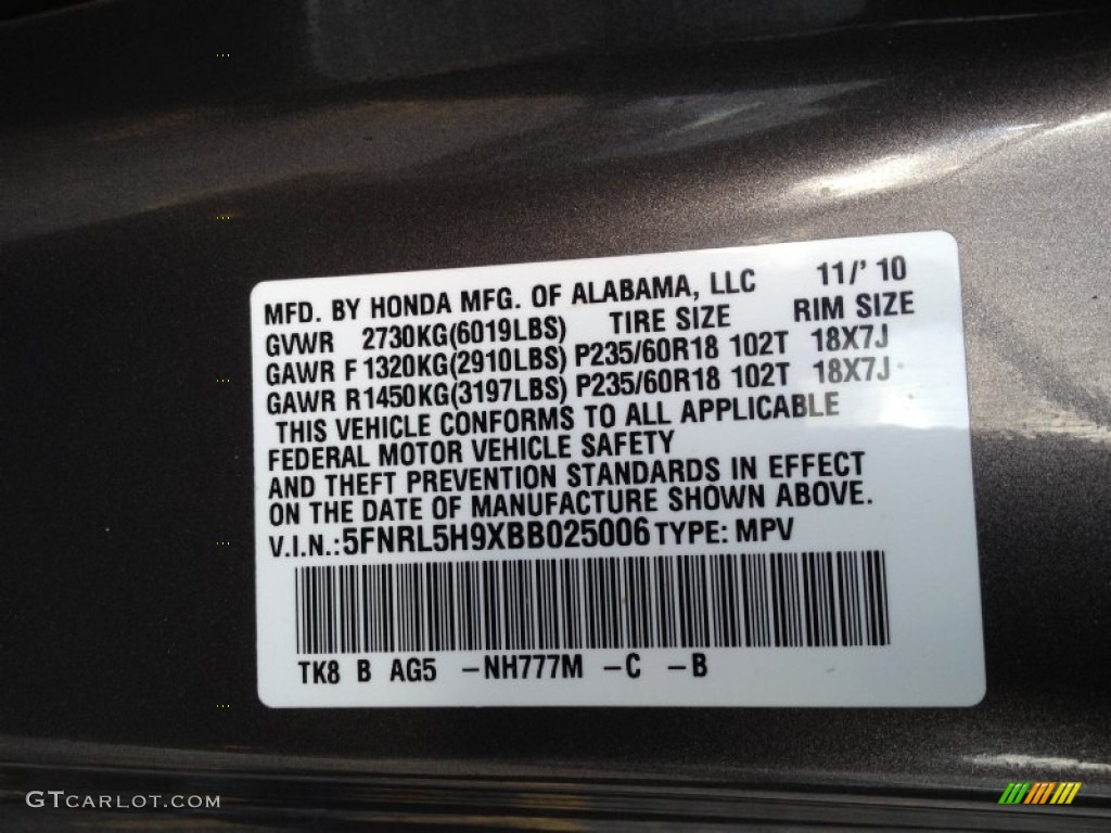 2011 Honda Odyssey Touring Color Code Photos