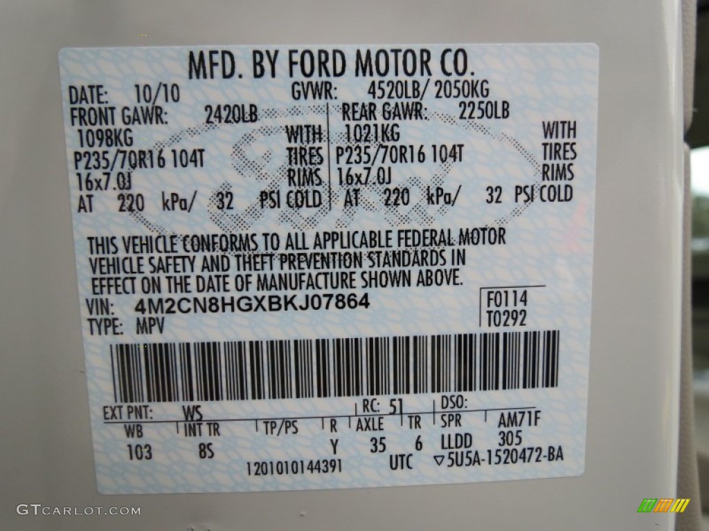 2011 Mercury Mariner Premier V6 Color Code Photos