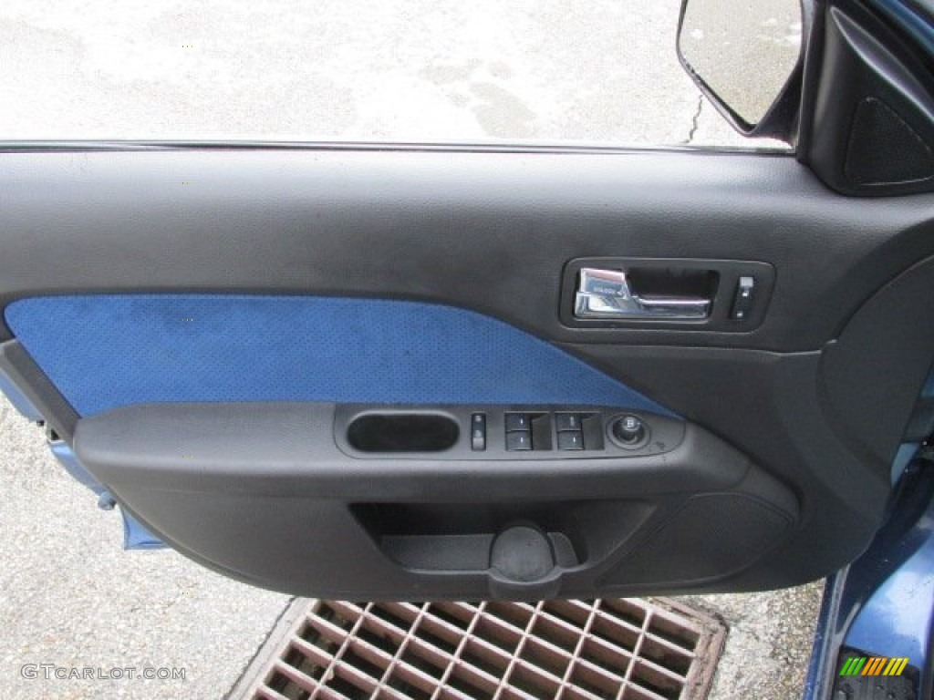 2009 Ford Fusion SEL V6 Blue Suede Alcantara Blue Suede/Charcoal Black Leather Door Panel Photo #78932334
