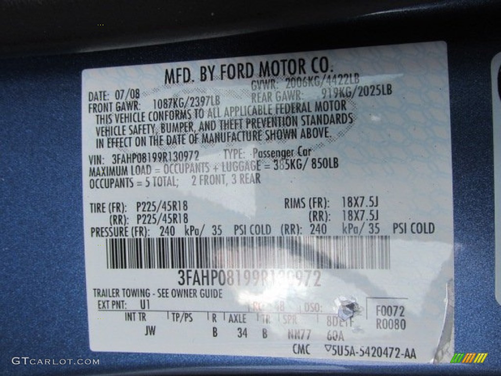 2009 Ford Fusion SEL V6 Blue Suede Color Code Photos