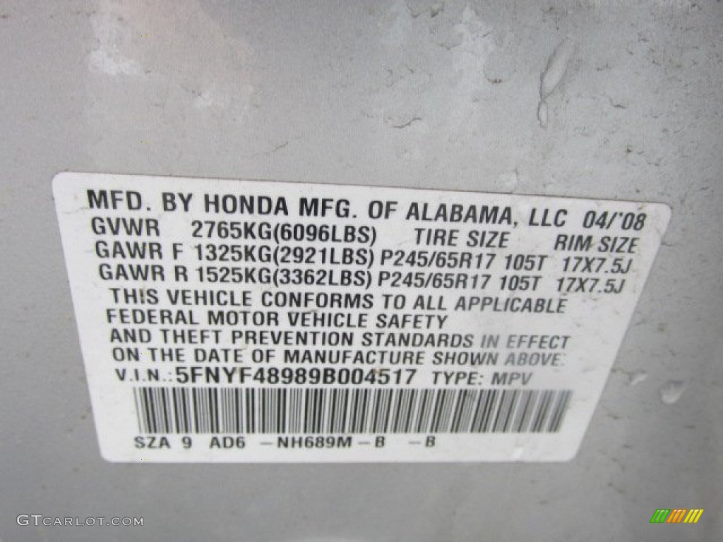 2009 Honda Pilot Touring 4WD Color Code Photos