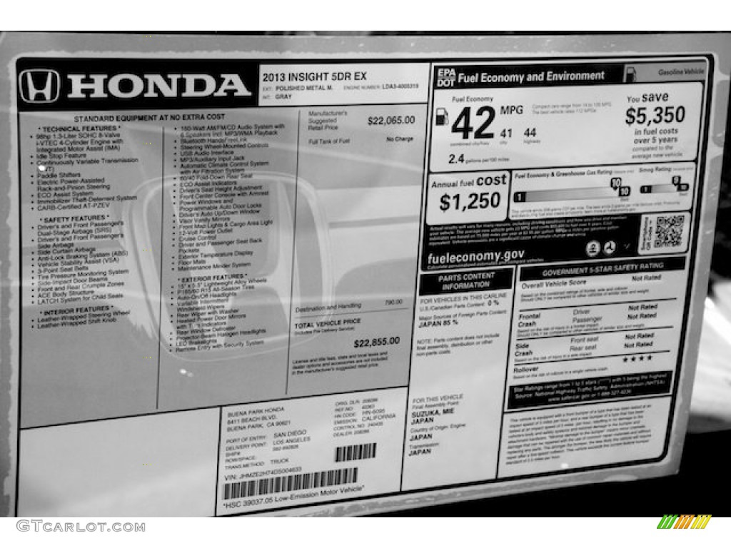 2013 Honda Insight EX Hybrid Window Sticker Photos