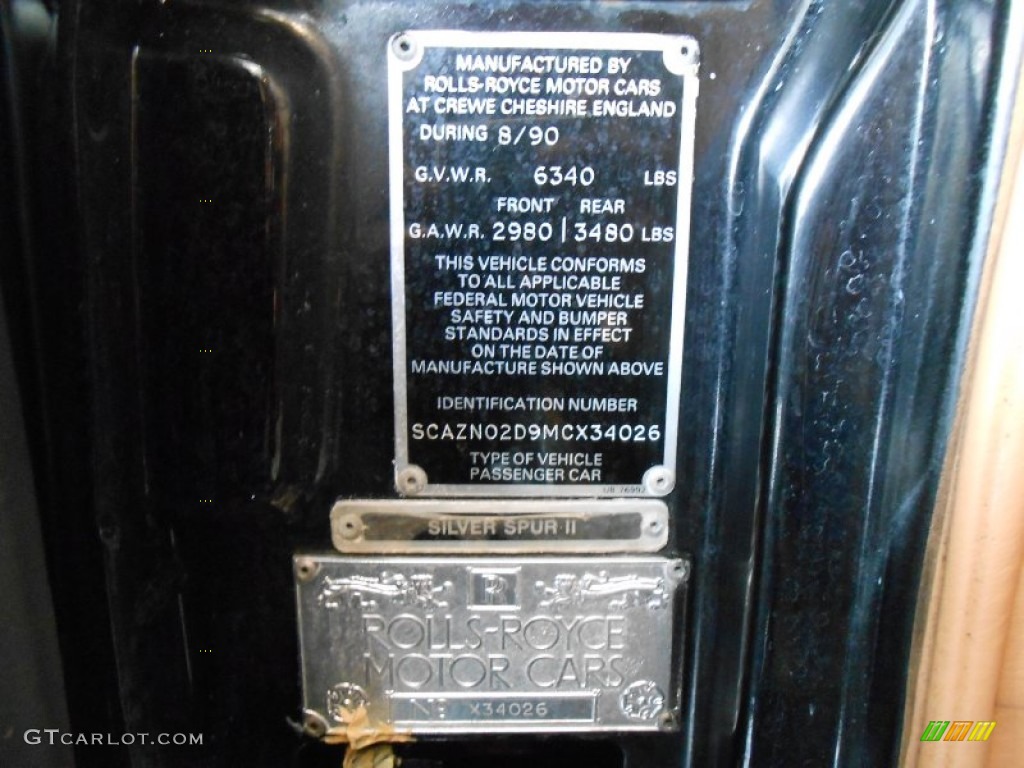1991 Rolls-Royce Silver Spur II Standard Silver Spur II Model Info Tag Photos