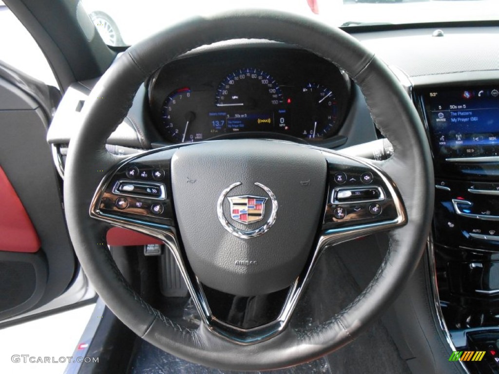 2013 Cadillac ATS 2.0L Turbo Luxury AWD Morello Red/Jet Black Accents Steering Wheel Photo #78966274