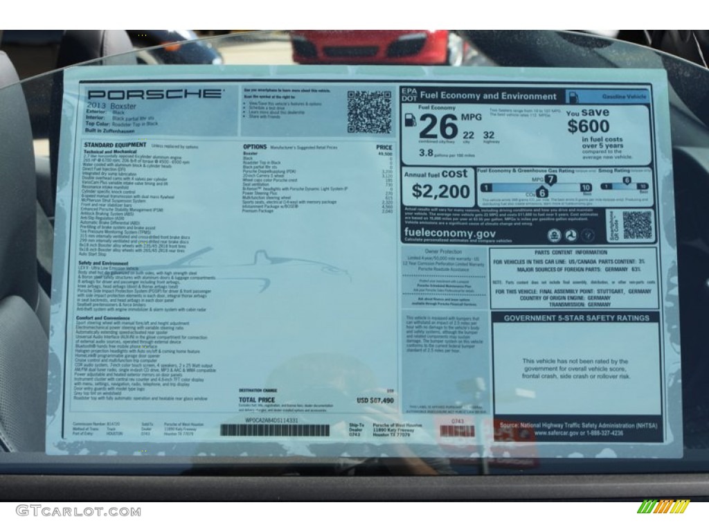 2013 Porsche Boxster Standard Boxster Model Window Sticker Photo #78974599