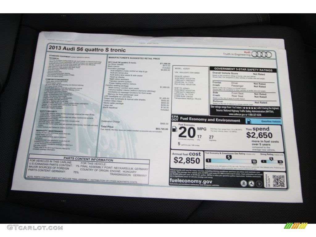 2013 Audi S6 4.0 TFSI quattro Sedan Window Sticker Photo #78975166
