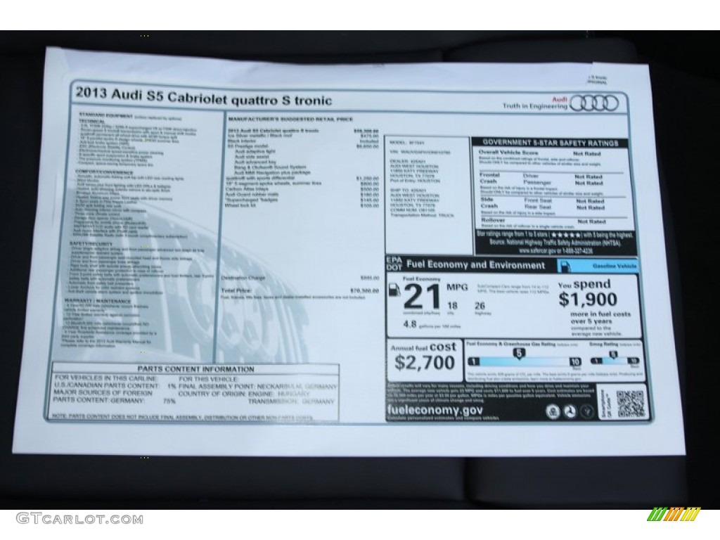 2013 Audi S5 3.0 TFSI quattro Convertible Window Sticker Photo #78975579
