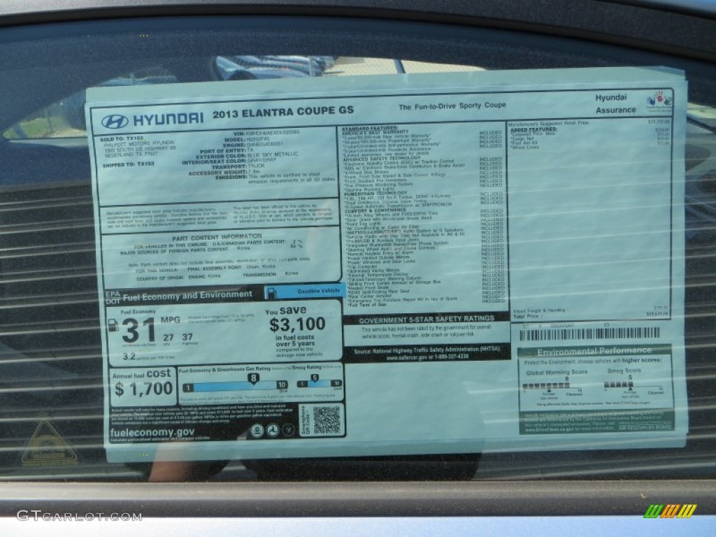 2013 Elantra Coupe GS - Blue Sky Metallic / Gray photo #30