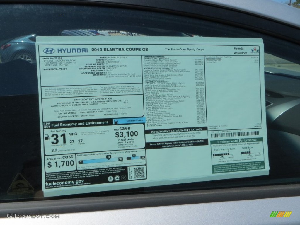 2013 Elantra Coupe GS - Silver / Gray photo #32