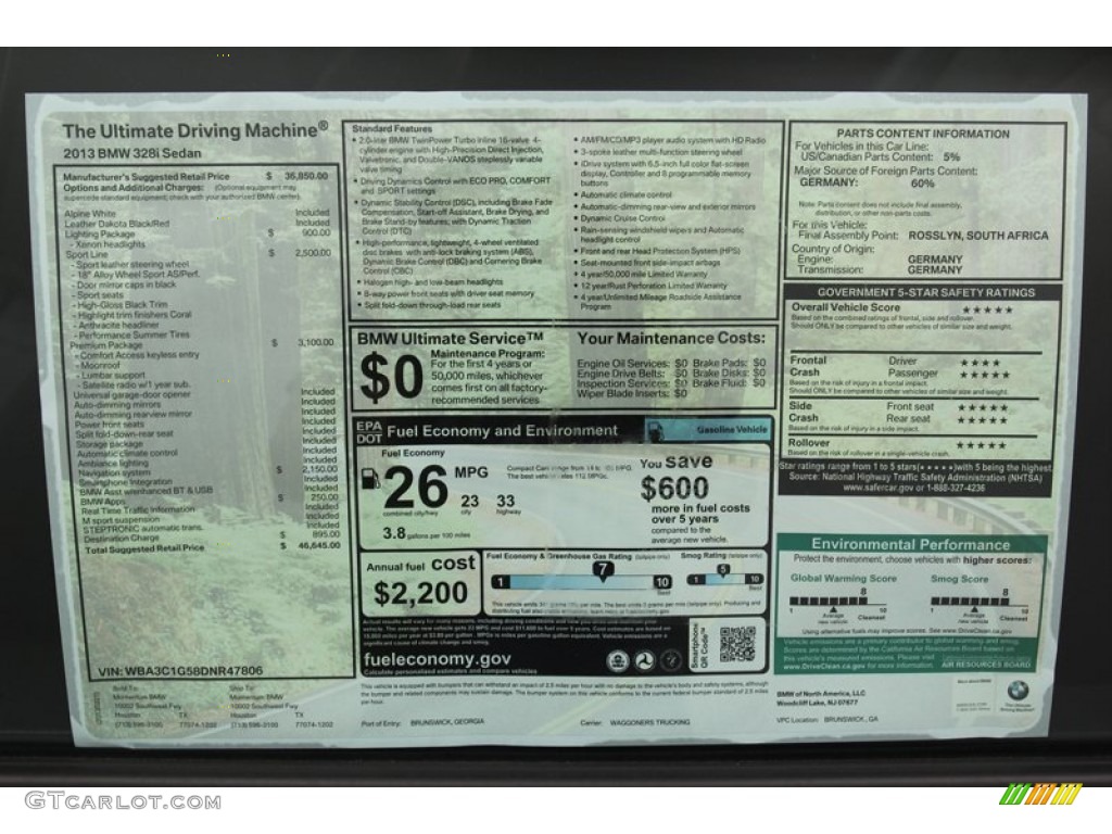 2013 BMW 3 Series 328i Sedan Window Sticker Photo #79017048