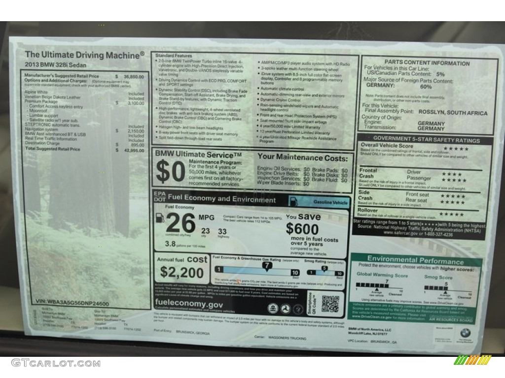 2013 BMW 3 Series 328i Sedan Window Sticker Photo #79018396