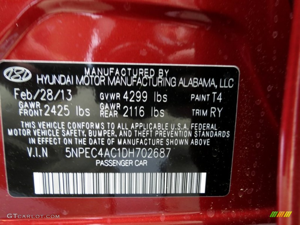2013 Sonata Color Code T4 for Sparkling Ruby Photo #79076107
