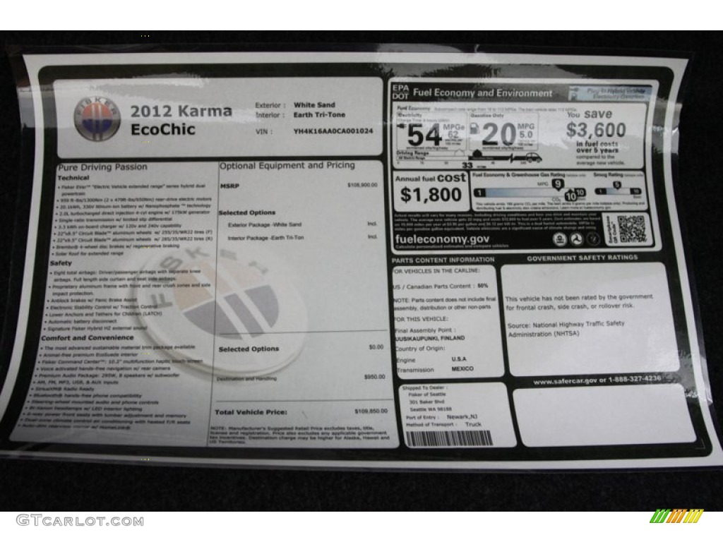 2012 Fisker Karma EcoChic Window Sticker Photo #79091308