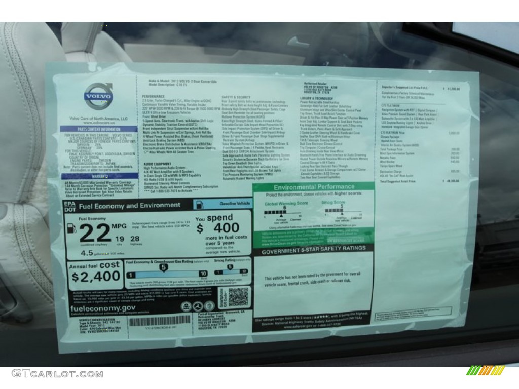 2013 Volvo C70 T5 Window Sticker Photo #79097743