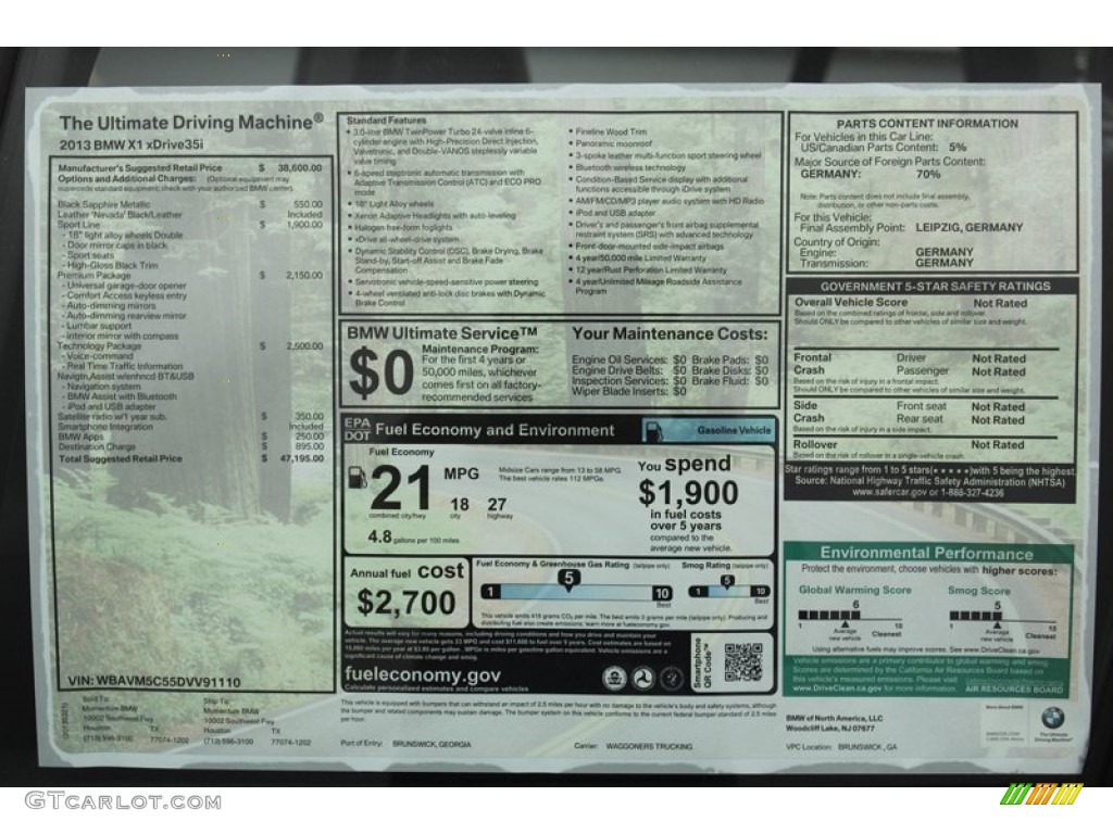 2013 BMW X1 xDrive 35i Window Sticker Photo #79099936
