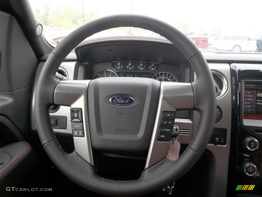 2013 Ford F150 Limited SuperCrew 4x4 Limited Unique Red Leather Steering Wheel Photo #79099978