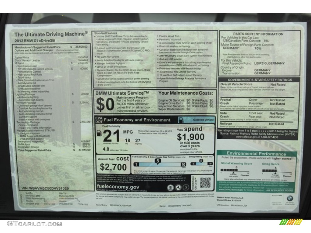 2013 BMW X1 xDrive 35i Window Sticker Photos