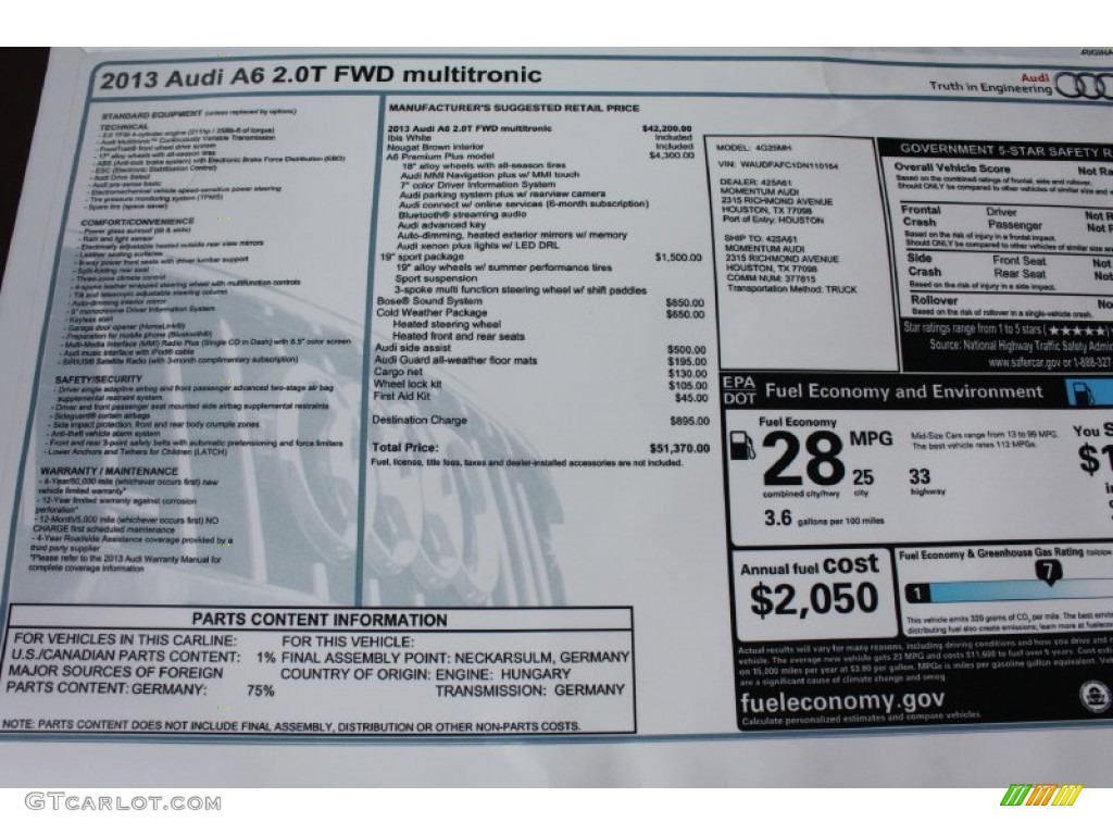 2013 A6 2.0T Sedan - Ibis White / Nougat Brown photo #10