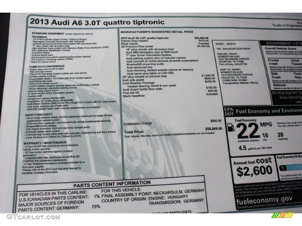 2013 Audi A6 3.0T quattro Sedan Window Sticker Photo #79109621