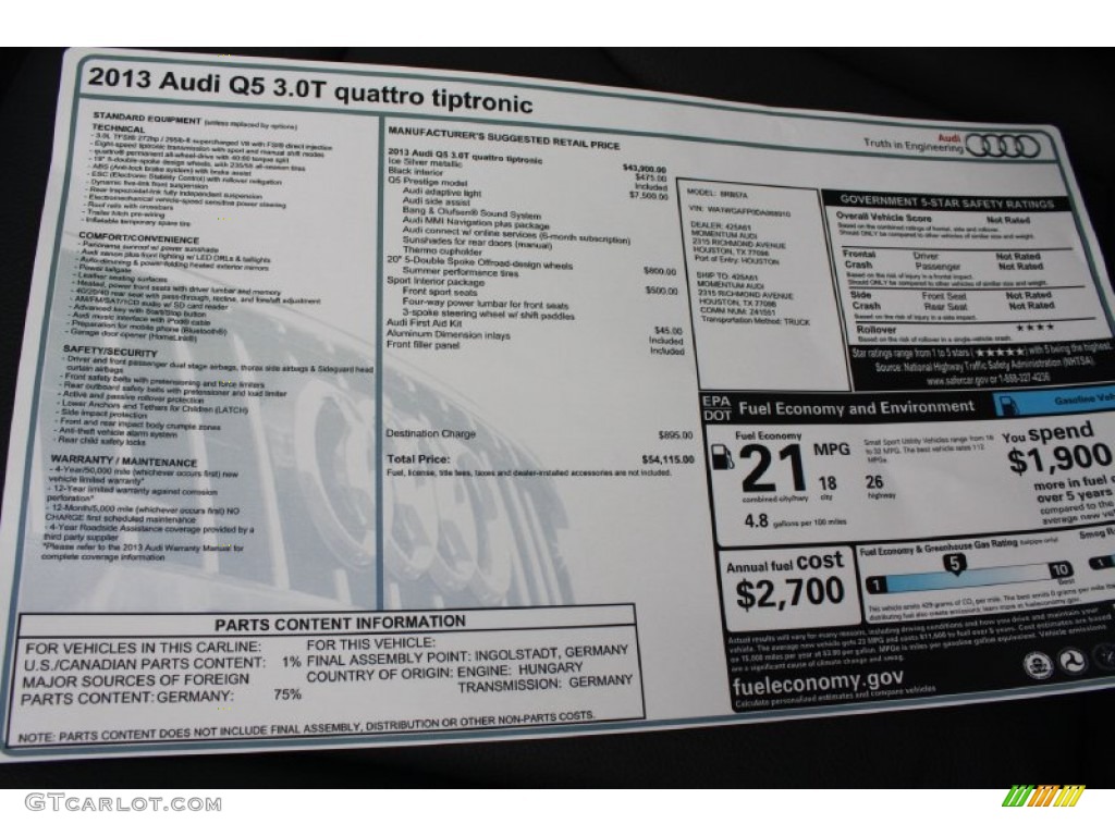 2013 Audi Q5 3.0 TFSI quattro Window Sticker Photo #79116140