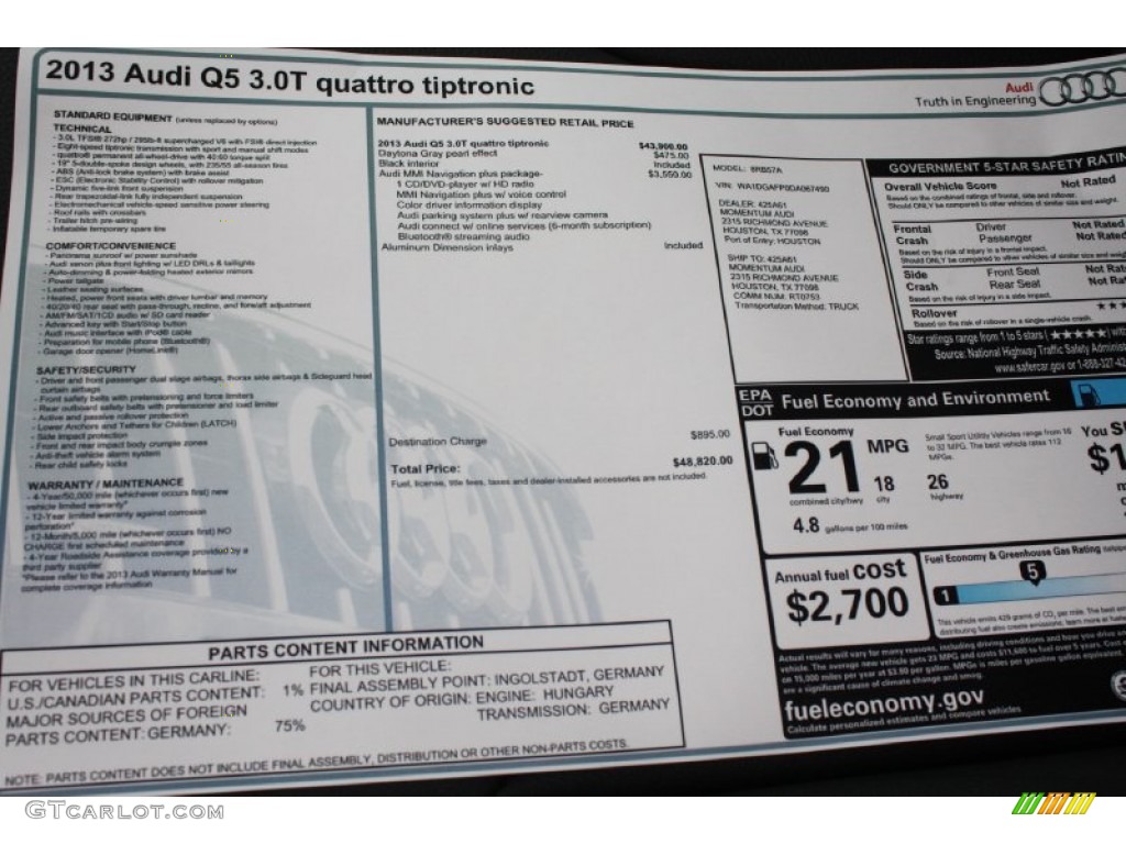 2013 Audi Q5 3.0 TFSI quattro Window Sticker Photo #79116955